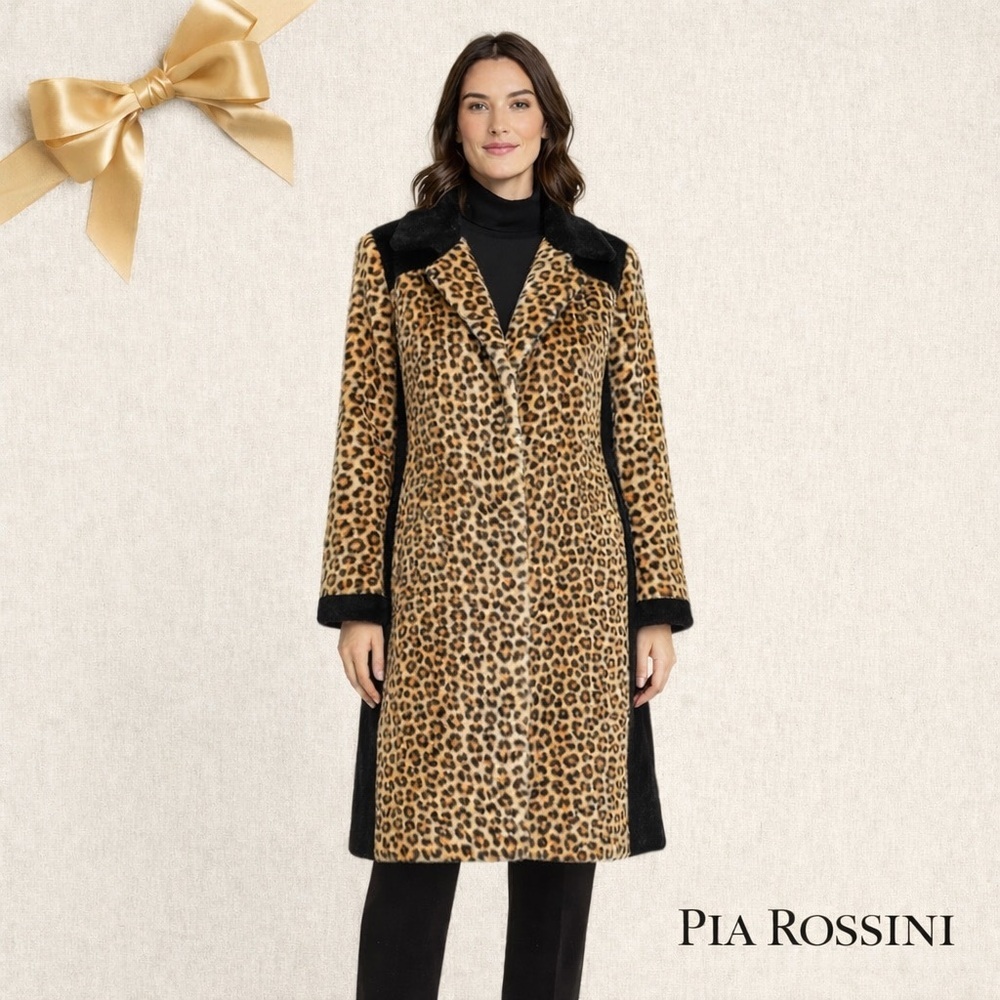 Pia Rossini Leopard Print Faux Fur Coat Black Trim M/L